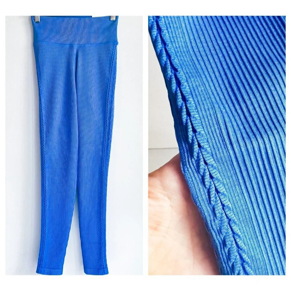 Offline By Aerie Seamless 7/8 Ribbed Leggings Blue Side Braided Detail S
